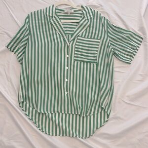 AYR Pool Boy Silk Blend Short Sleeve Button Down Shirt Green White